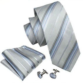 Pánska sada - kravata + manžety + vreckovka so sivo-modrým vzorom