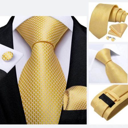 Kravatová sada - kravata, vreckovka a manžetové gombíky so zlatým vzorom